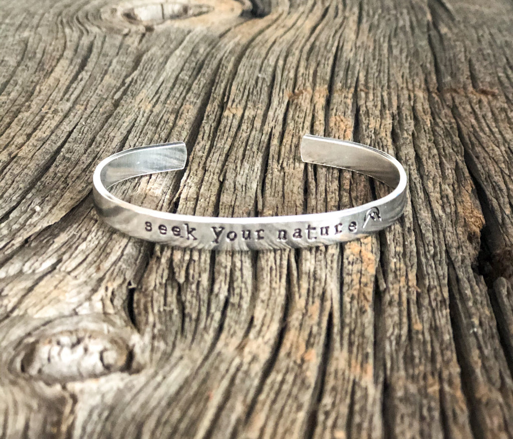 Seek Your Nature bracelet,  mountain jewelry, hiking gift, nature gift, adventurer, nature lover, gift for traveler, October acres